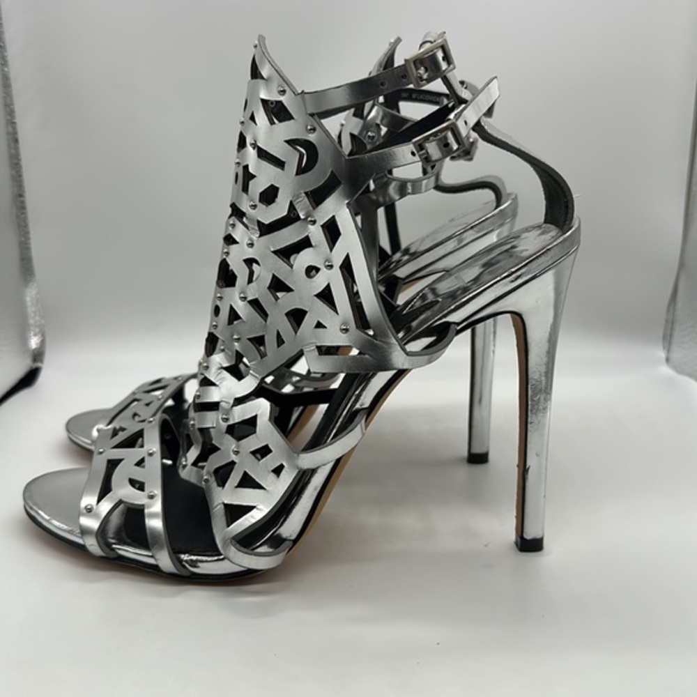 B Brian Atwood Laconica Mirrored Laser-Cut Cage Sandal, Silver size 10 - Picture 6 of 8